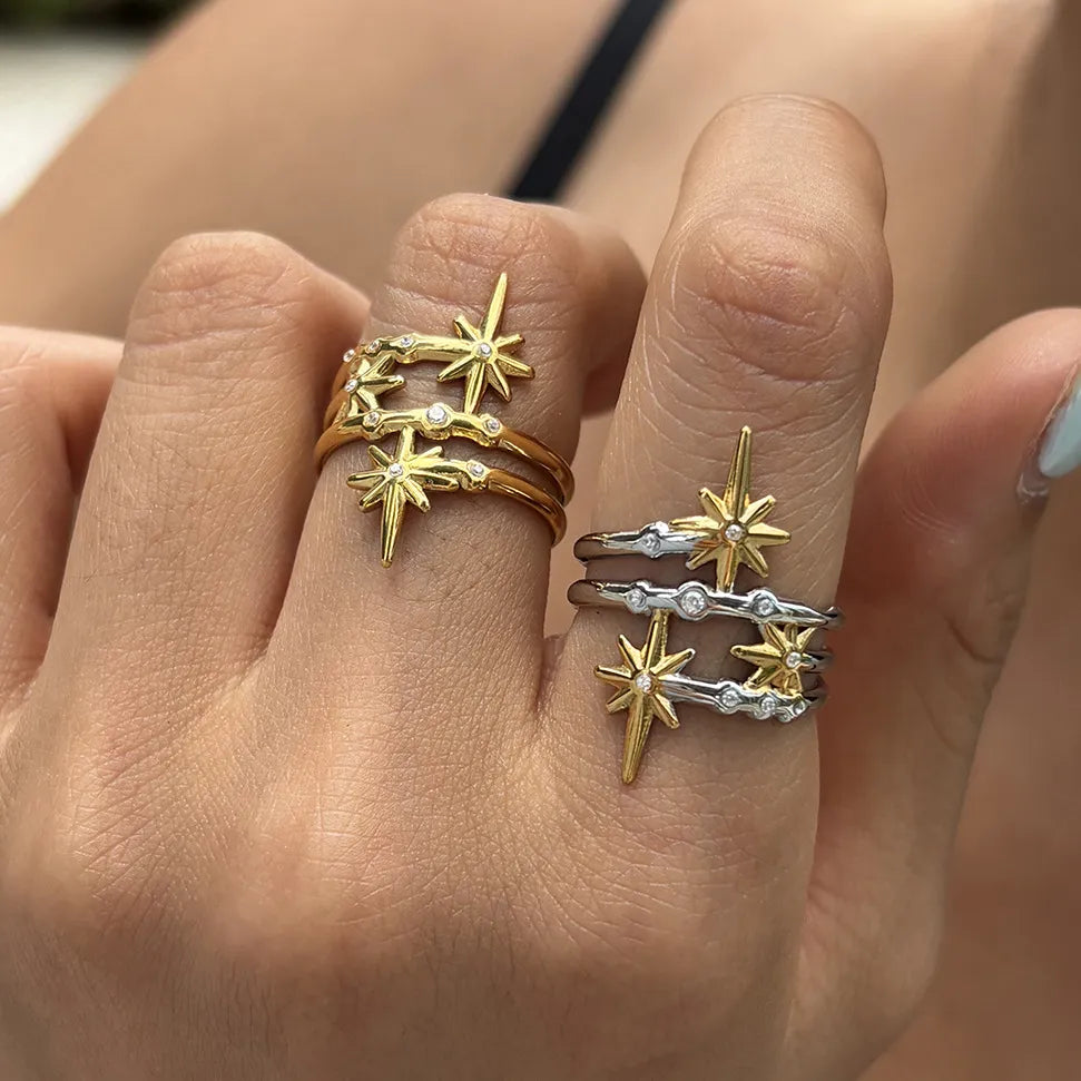 Celestial Starburst Zirconia Open Ring – Waterproof 18K Gold