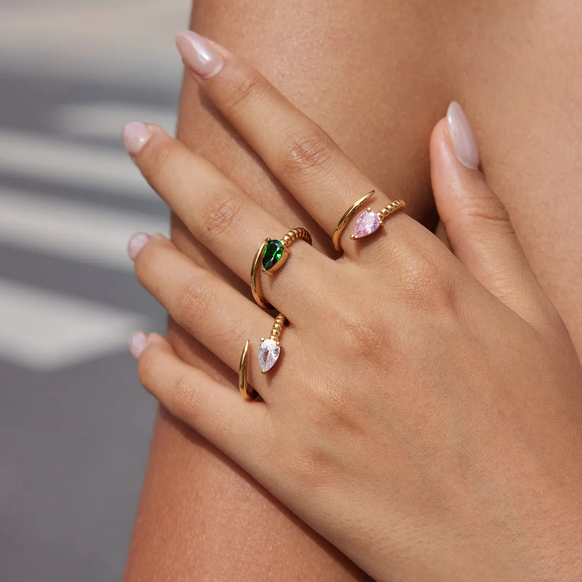 Waterproof Asymmetrical Pear CZ Open Ring