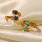 Ribbed Stone Bypass Open Ring – Waterproof 18K Gold