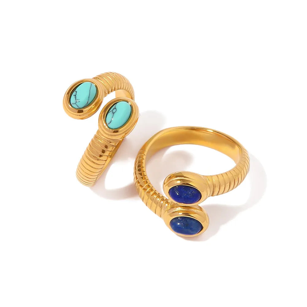 Ribbed Stone Bypass Open Ring – Waterproof 18K Gold
