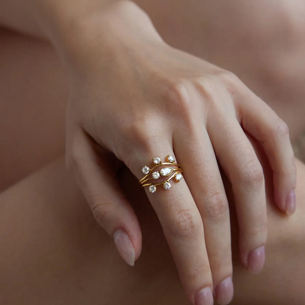 CZ Crown, Pear & Wave Stackable Ring Set – Waterproof 18K Gold