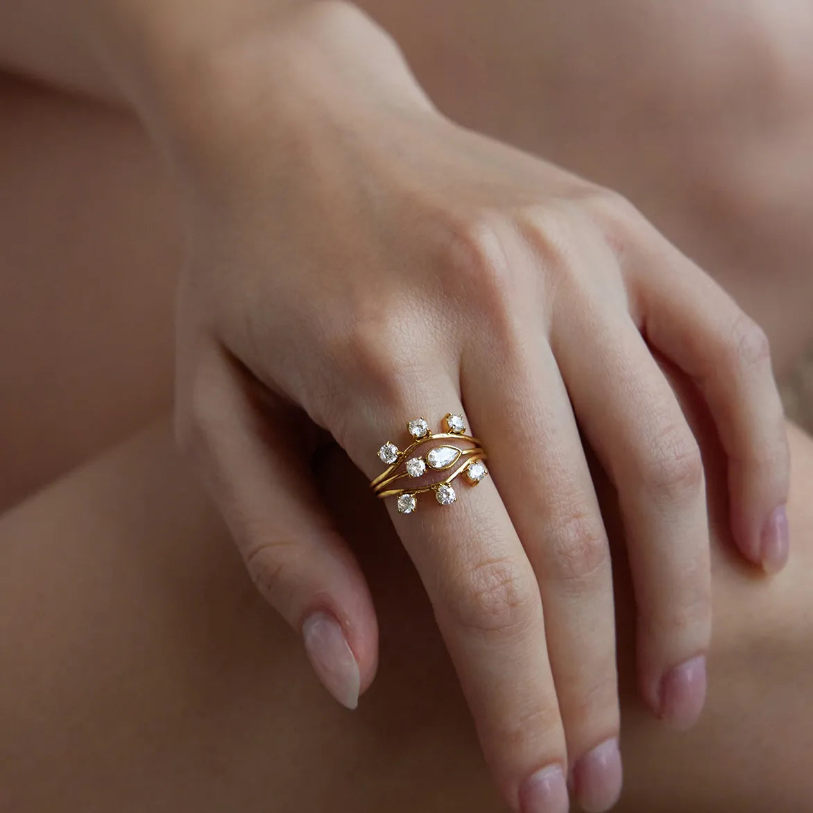 CZ Crown, Pear & Wave Stackable Ring Set – Waterproof 18K Gold