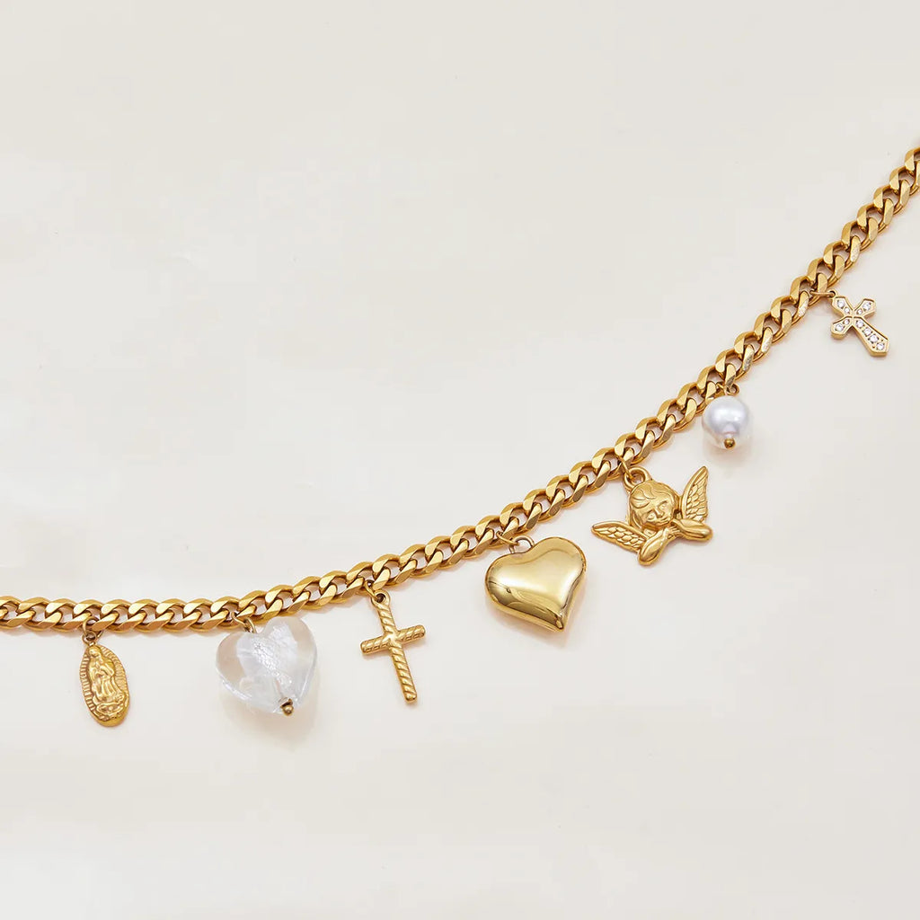Waterproof Stainless Steel Chunky Charm Necklace | Gold Cross & Heart Layered Chain