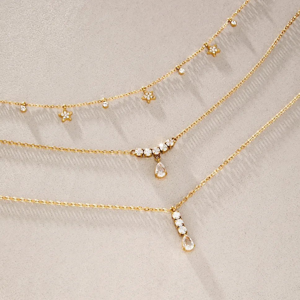 Waterproof Dainty Star & Drop Pendants CZ Layering Necklace