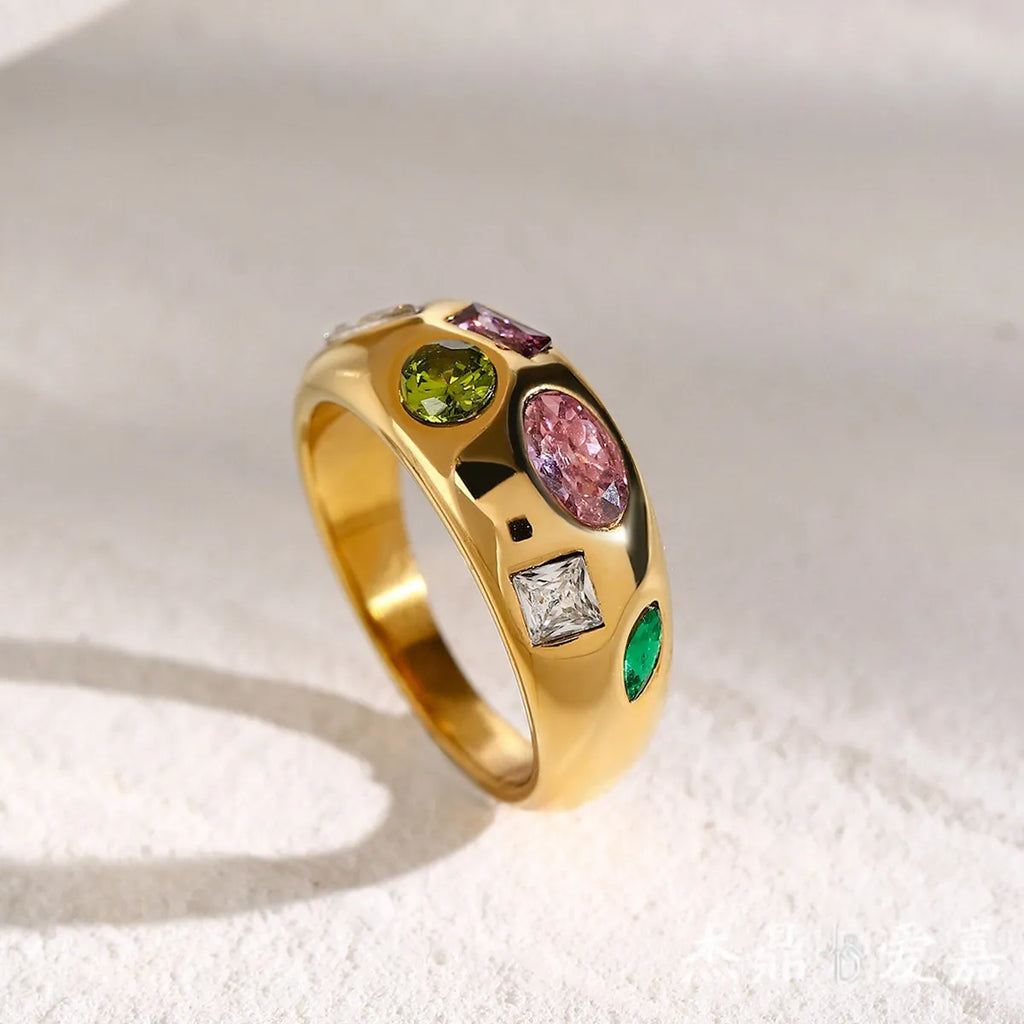 Waterproof Gold Multi-Color CZ Chunky Dome Ring