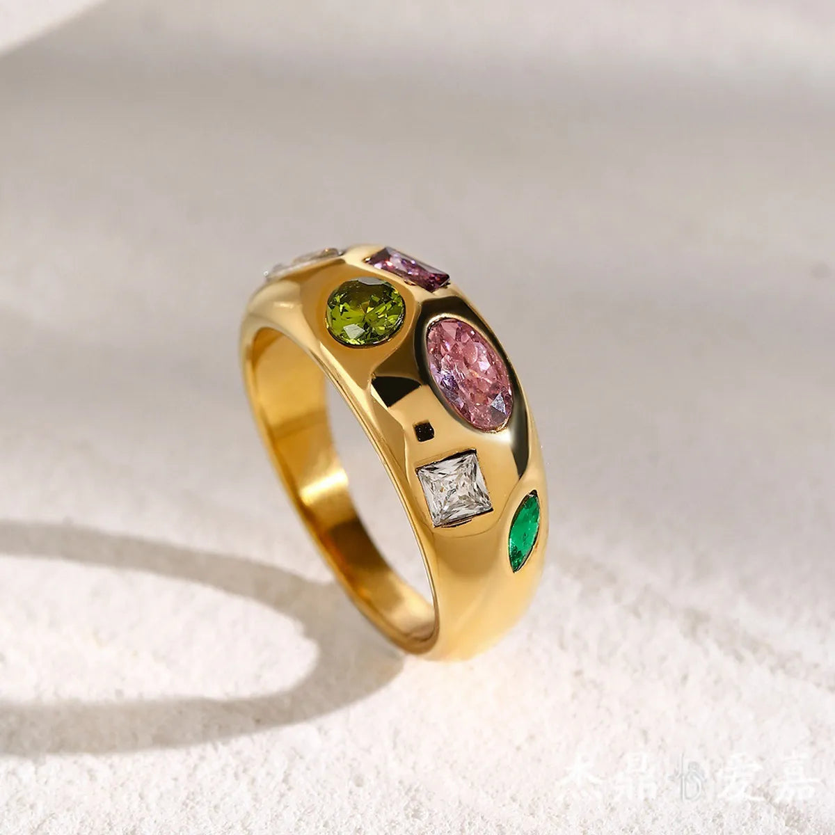 Waterproof Gold Multi-Color CZ Chunky Dome Ring