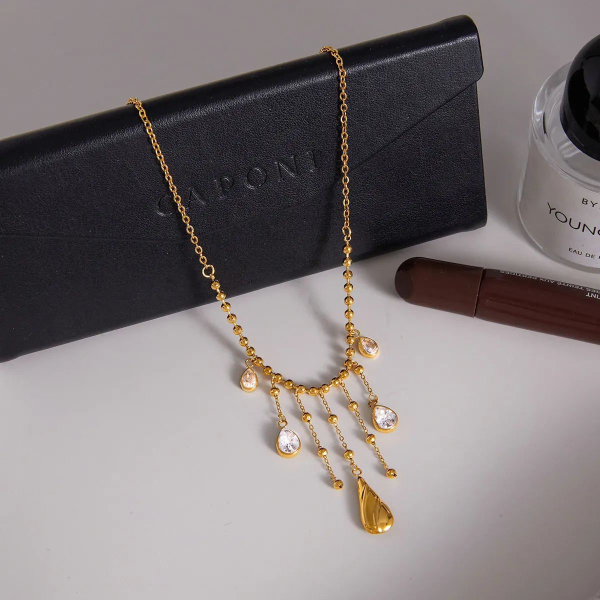 Waterproof Gold Teardrop CZ Necklace