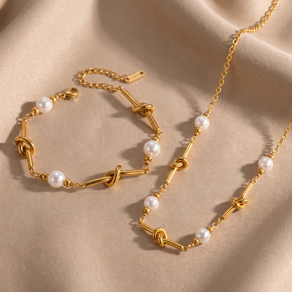 Waterproof Gold Knot & Pearl Jewelry Set