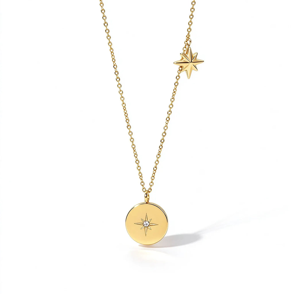 Waterproof Gold CZ Coin Pendant Celestial Necklace