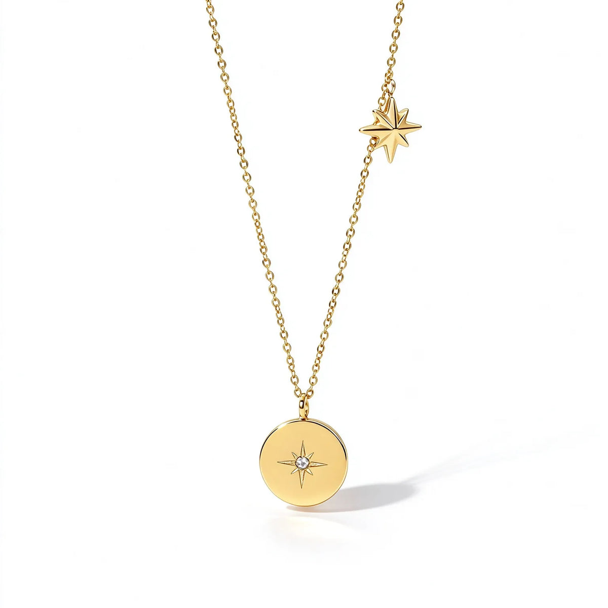 Waterproof Gold CZ Coin Pendant Celestial Necklace