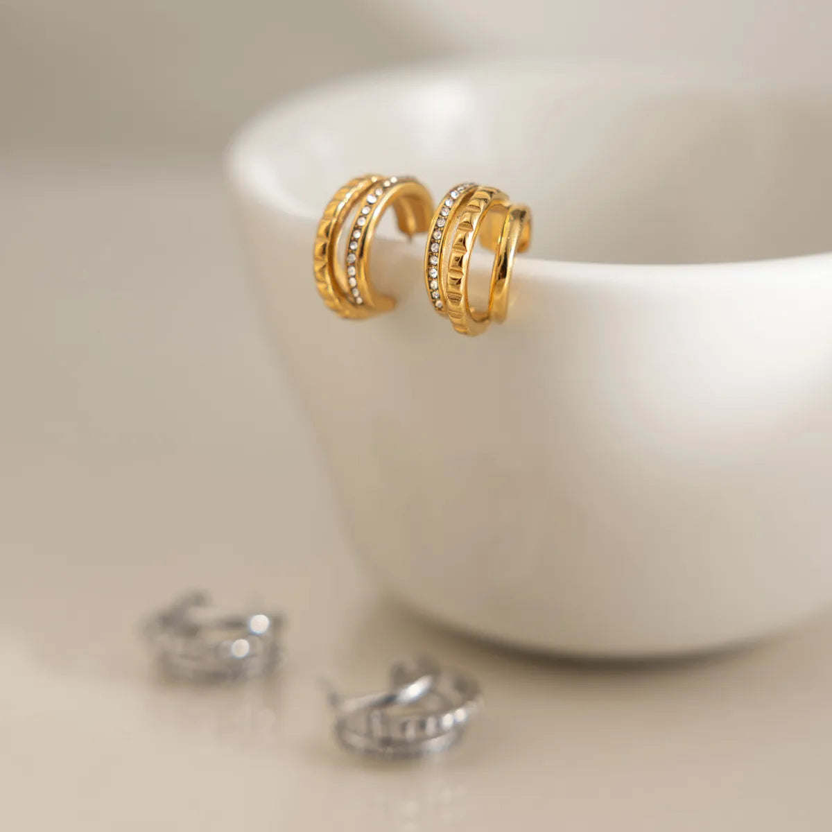 Textured Triple Band J-Hoop Earrings – Waterproof Steel