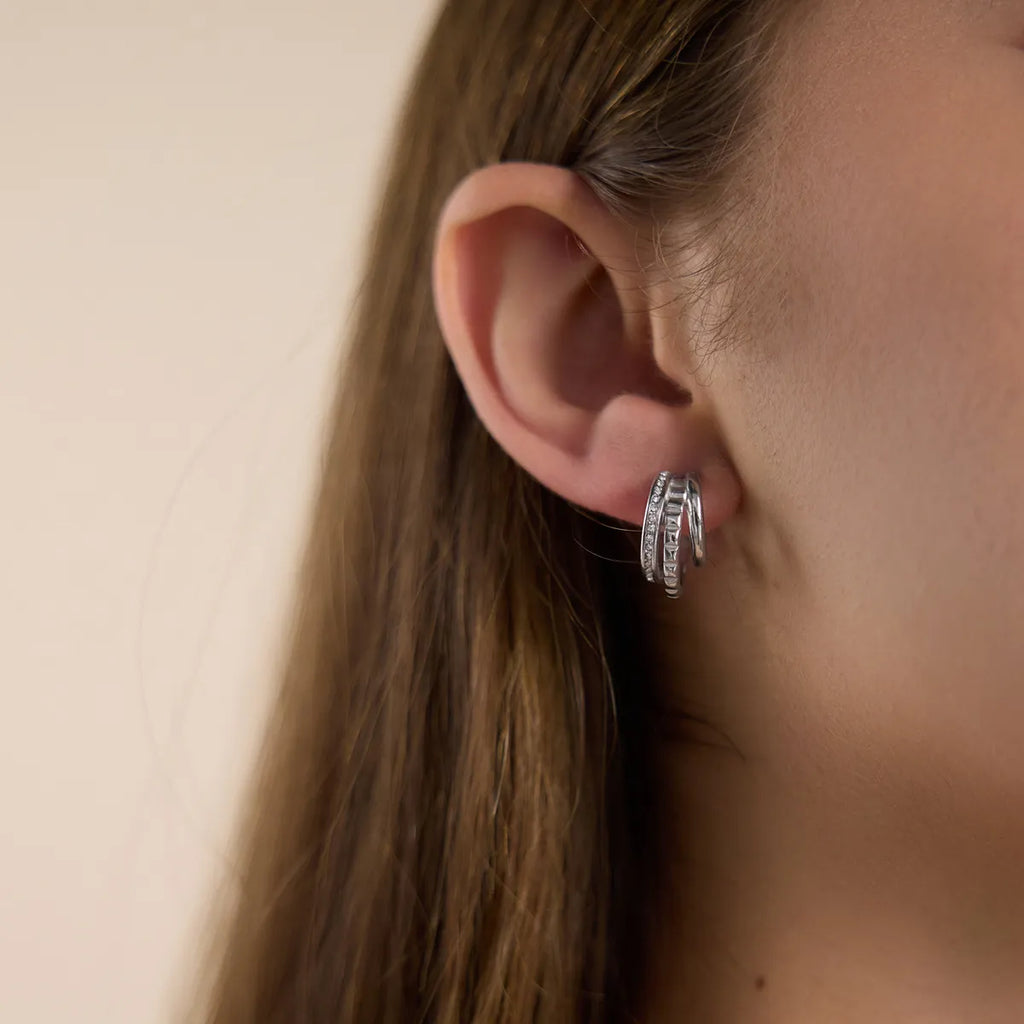 Textured Triple Band J-Hoop Earrings – Waterproof Steel