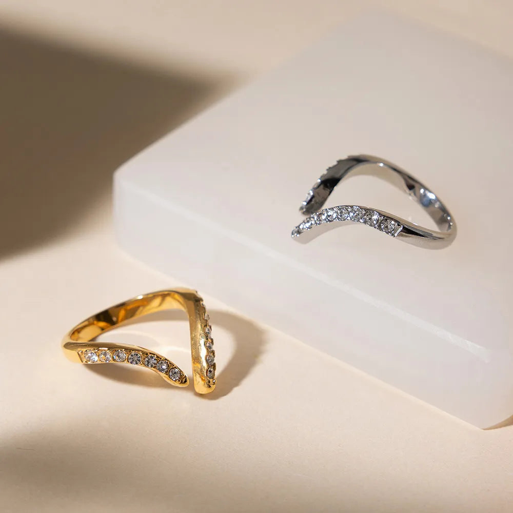 Crystal Wishbone V-Shape Open Ring – Waterproof Steel