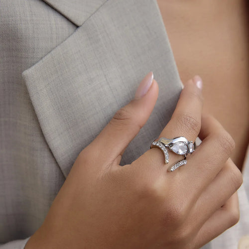 Crystal Wishbone V-Shape Open Ring | Waterproof 18K Gold