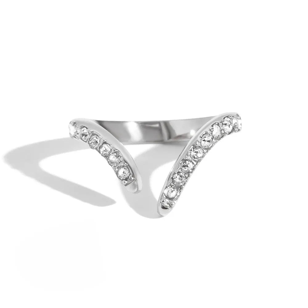 Crystal Wishbone V-Shape Open Ring – Waterproof Steel
