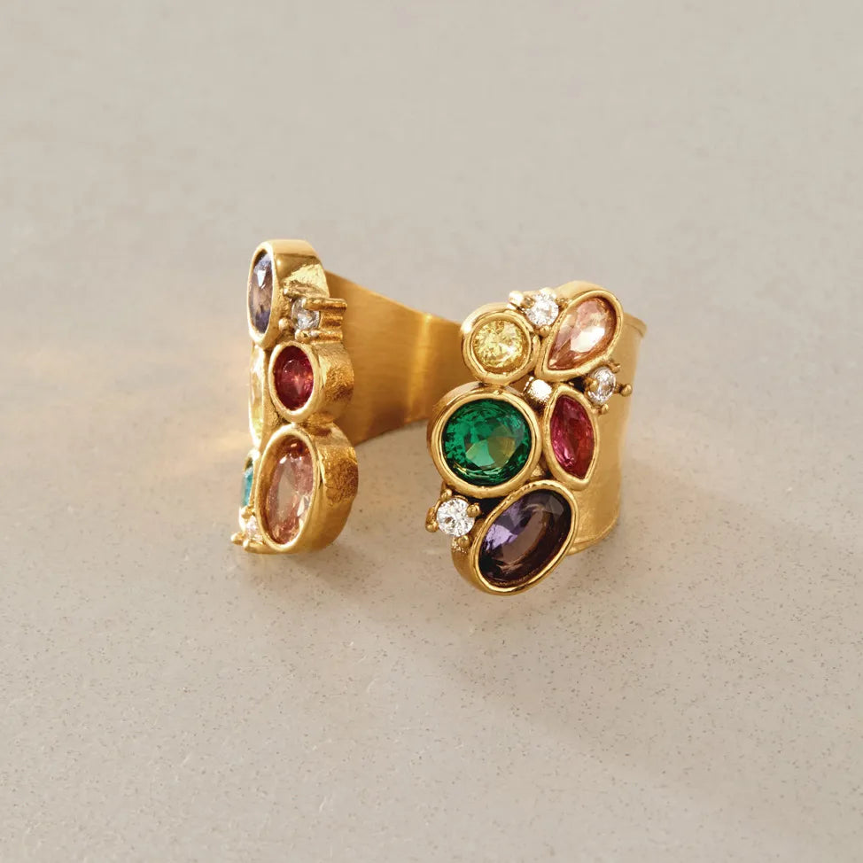 Waterproof Vintage Multi-Color CZ Open Ring