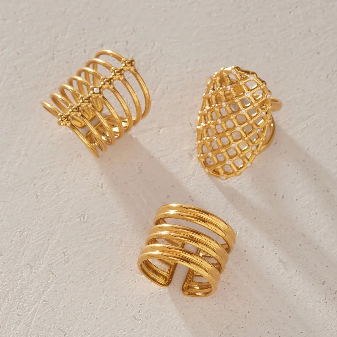 Waterproof Stainless Steel Sculptural Statement Rings | Gold CZ Lattice & Spiral Coil Bands