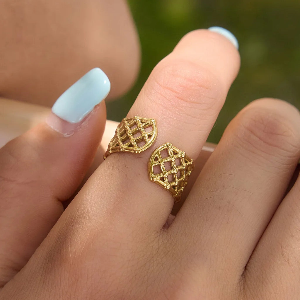 Waterproof Sculptural Grid & Wavy CZ Open Ring