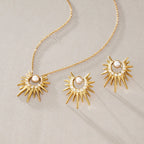 Waterproof Stainless Steel Sunburst Jewelry Set | Gold Pearl & Zirconia Necklace and Earrings