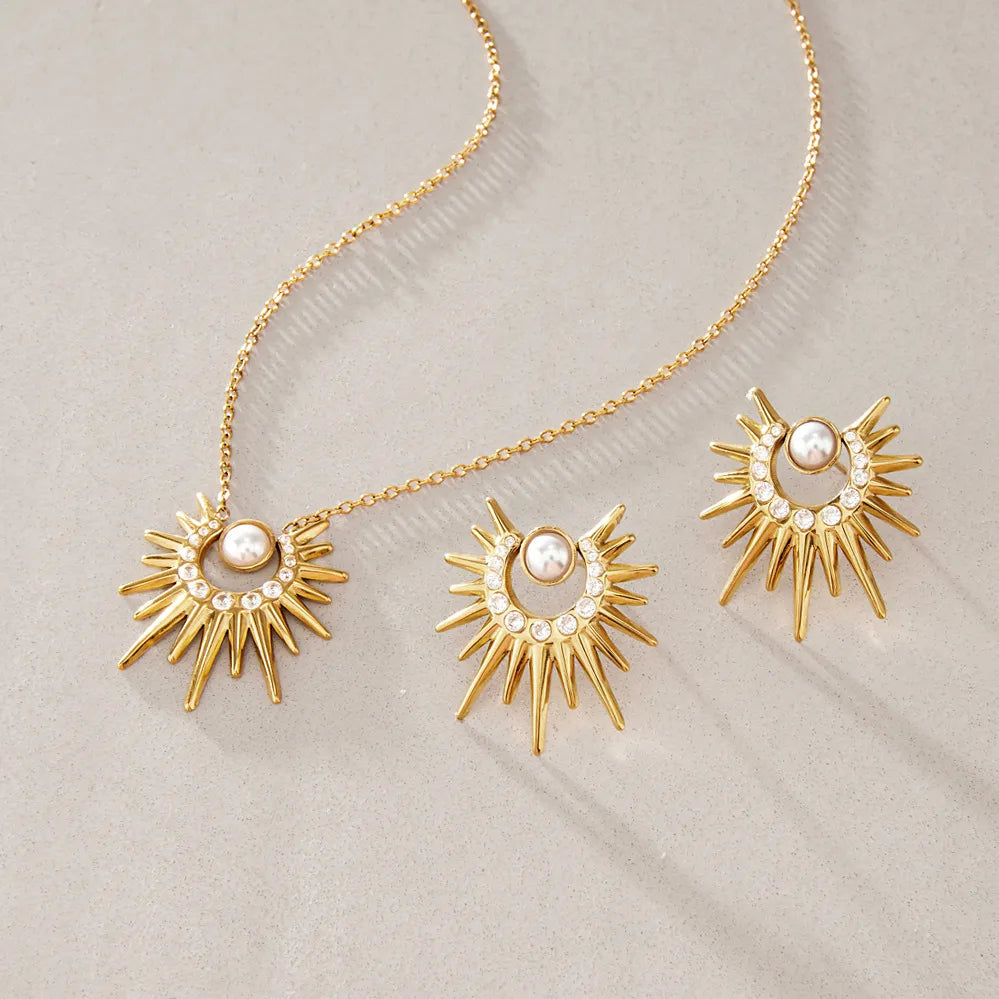 Waterproof Stainless Steel Sunburst Jewelry Set | Gold Pearl & Zirconia Necklace and Earrings