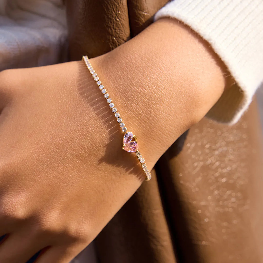 Waterproof Pink CZ Heart Toi et Moi Tennis Bracelet
