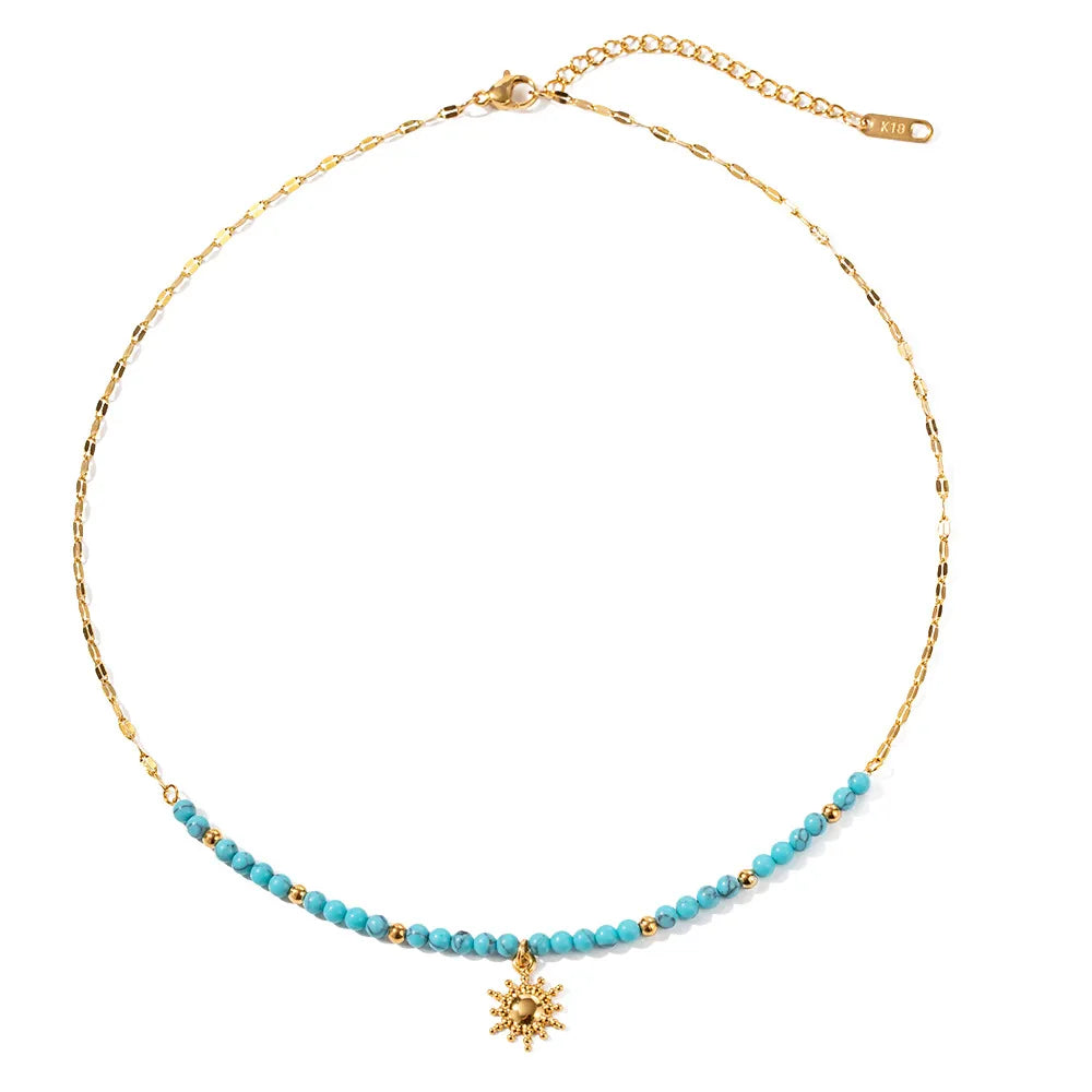 Turquoise Bead Pendant Necklace | Waterproof 18K Gold