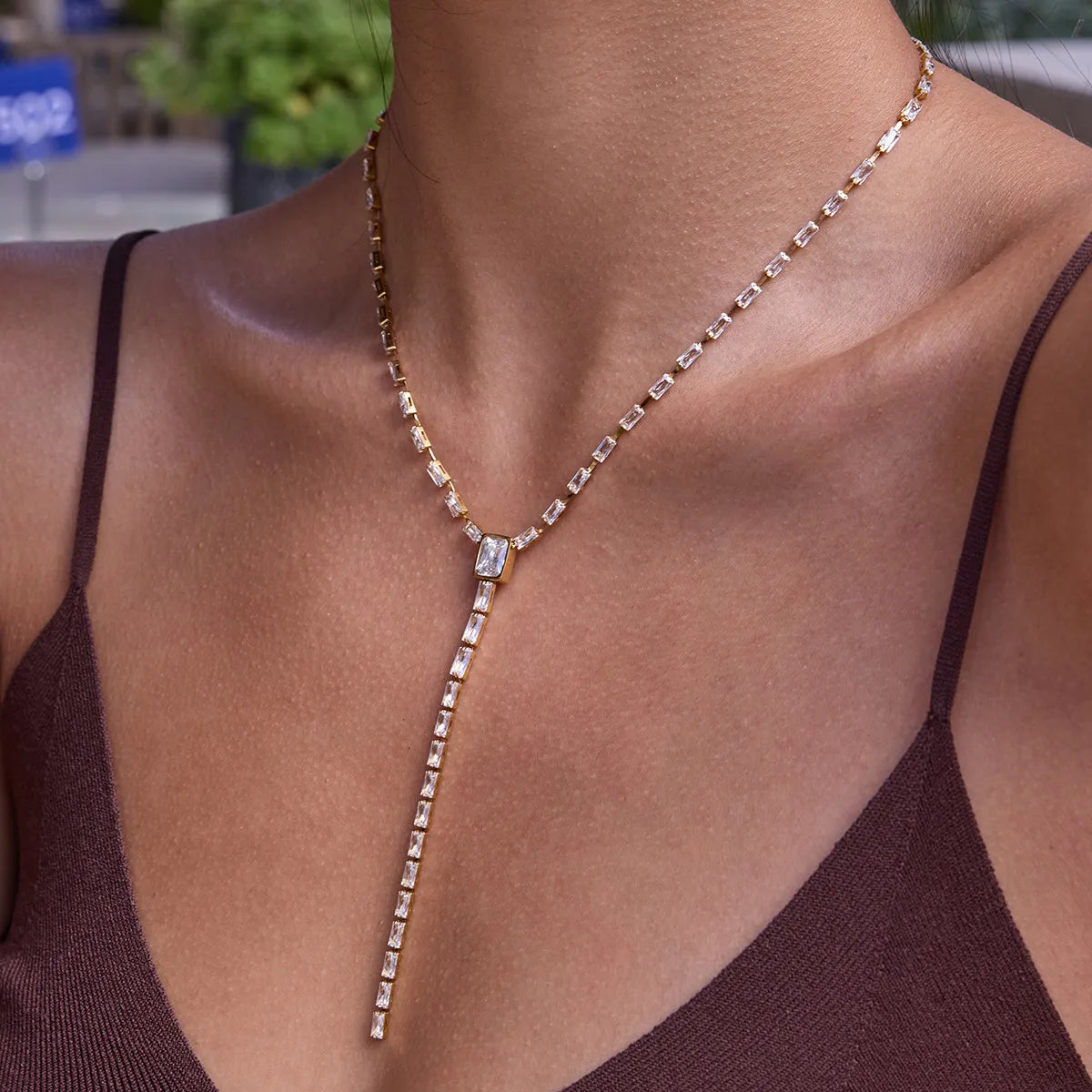 Waterproof Baguette CZ Lariat  Y-Necklace