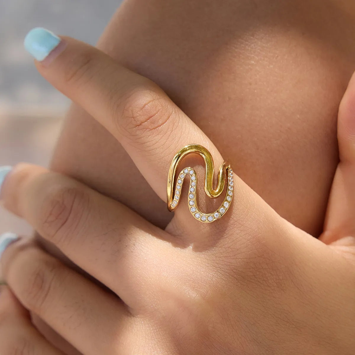 Waterproof Sculptural Grid & Wavy CZ Open Ring