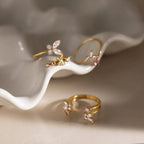 Butterfly & Floral CZ Open Ring Collection – Waterproof 18K Gold