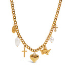 Waterproof Stainless Steel Chunky Charm Necklace | Gold Cross & Heart Layered Chain