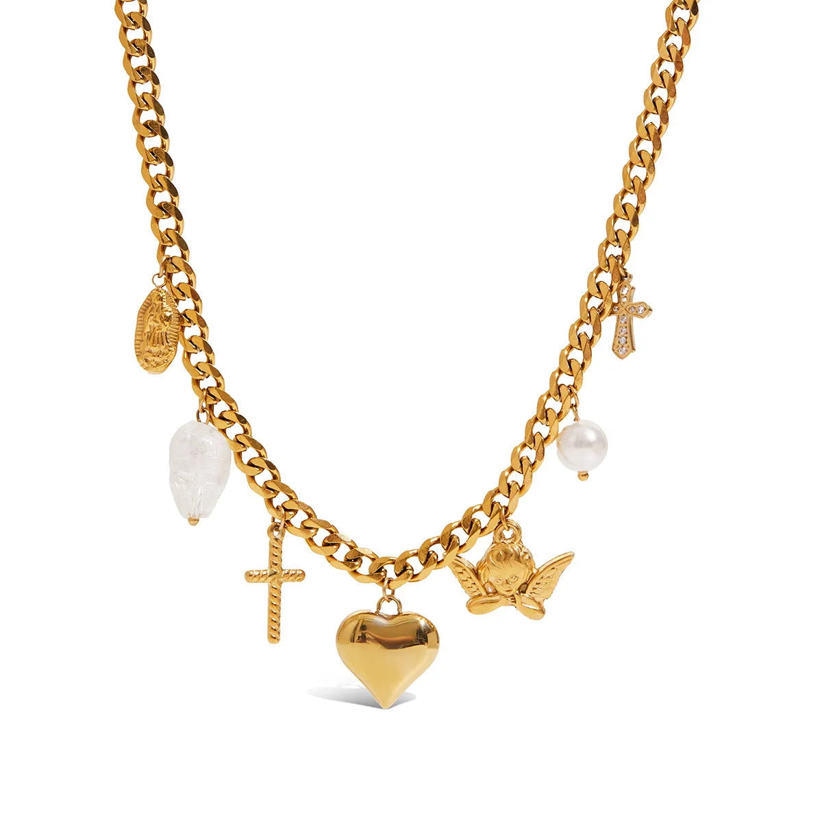 Waterproof Stainless Steel Chunky Charm Necklace | Gold Cross & Heart Layered Chain