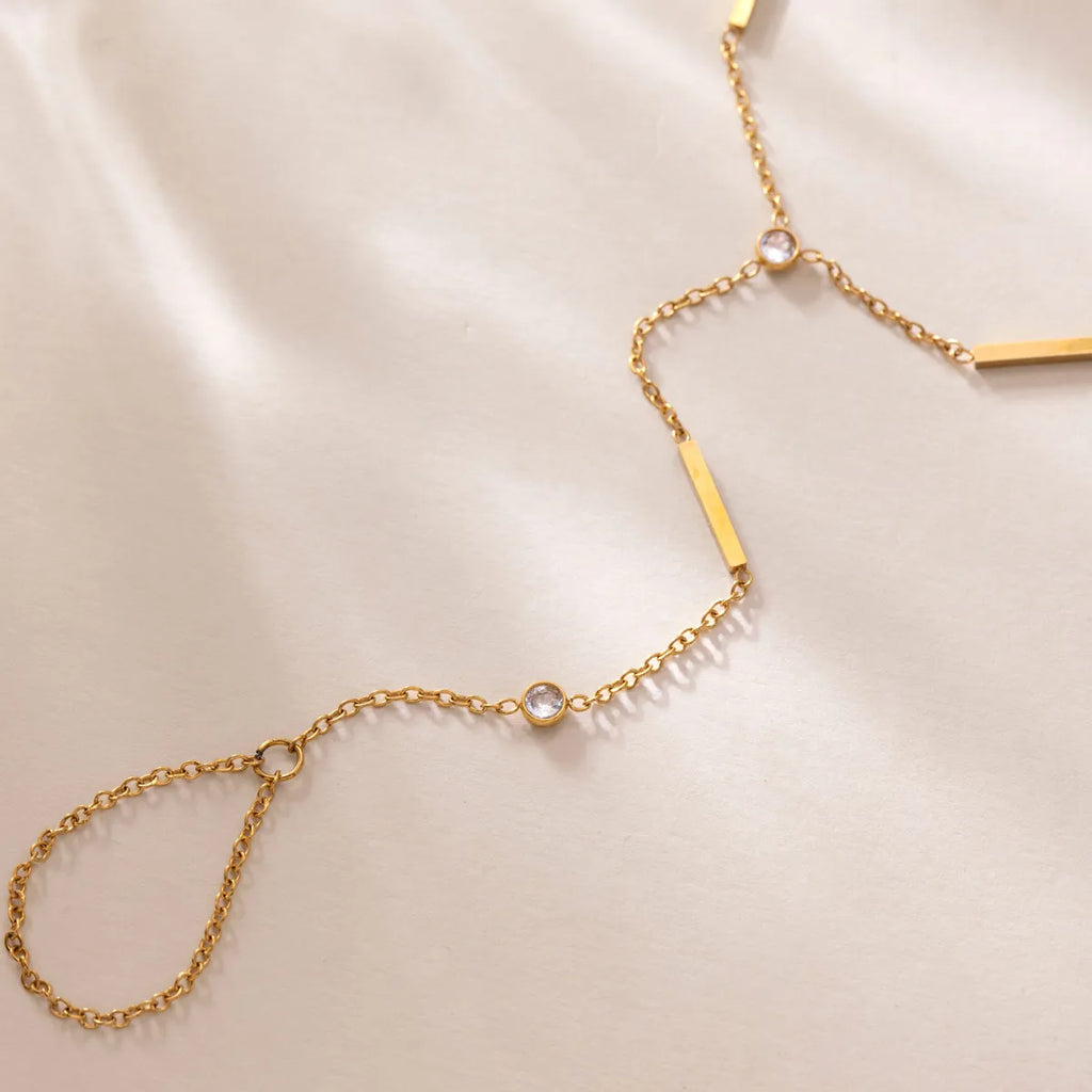 Bar & CZ Geometric Hand Chain Bracelet with Ring – Waterproof 18K Gold