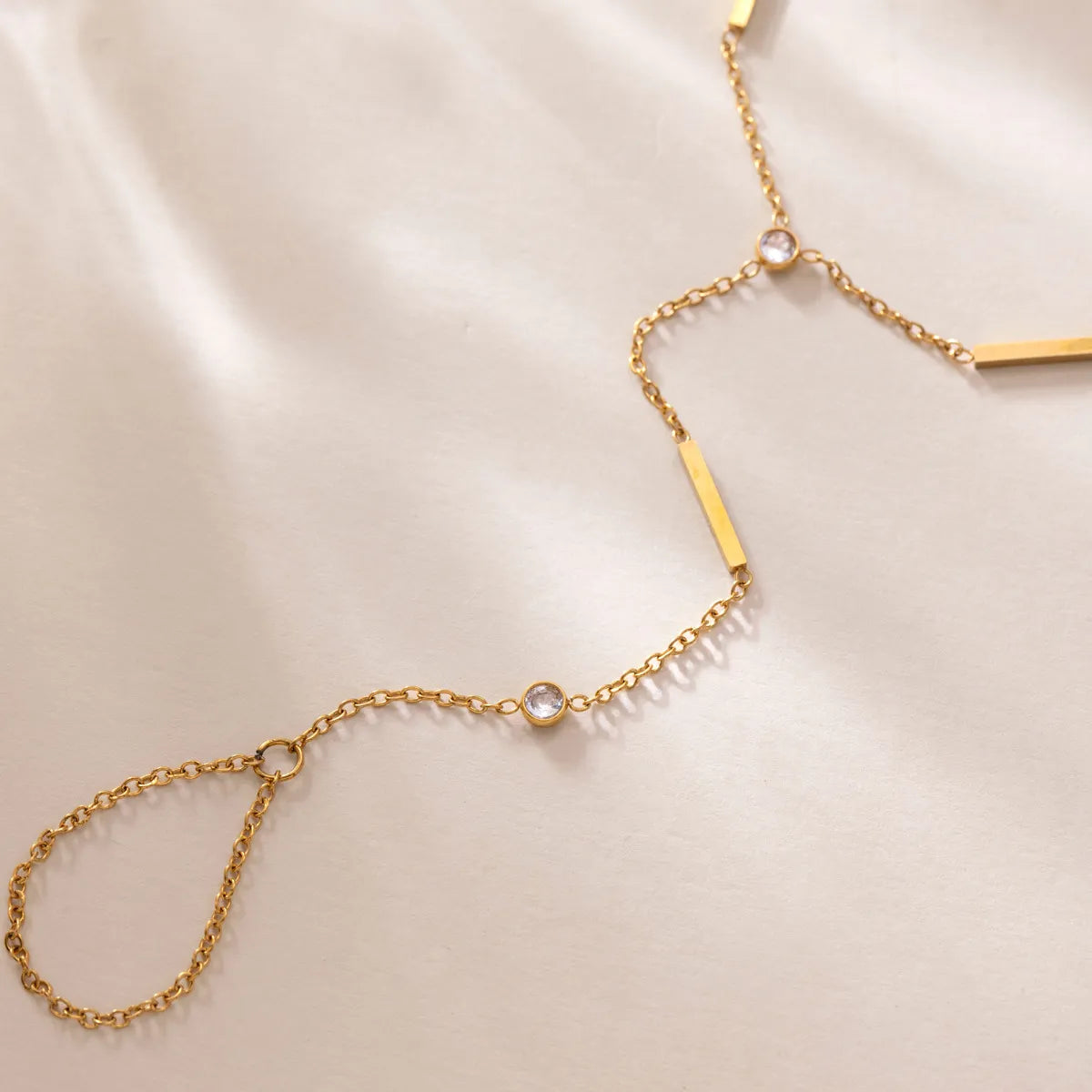 Bar & CZ Geometric Hand Chain Bracelet with Ring – Waterproof 18K Gold