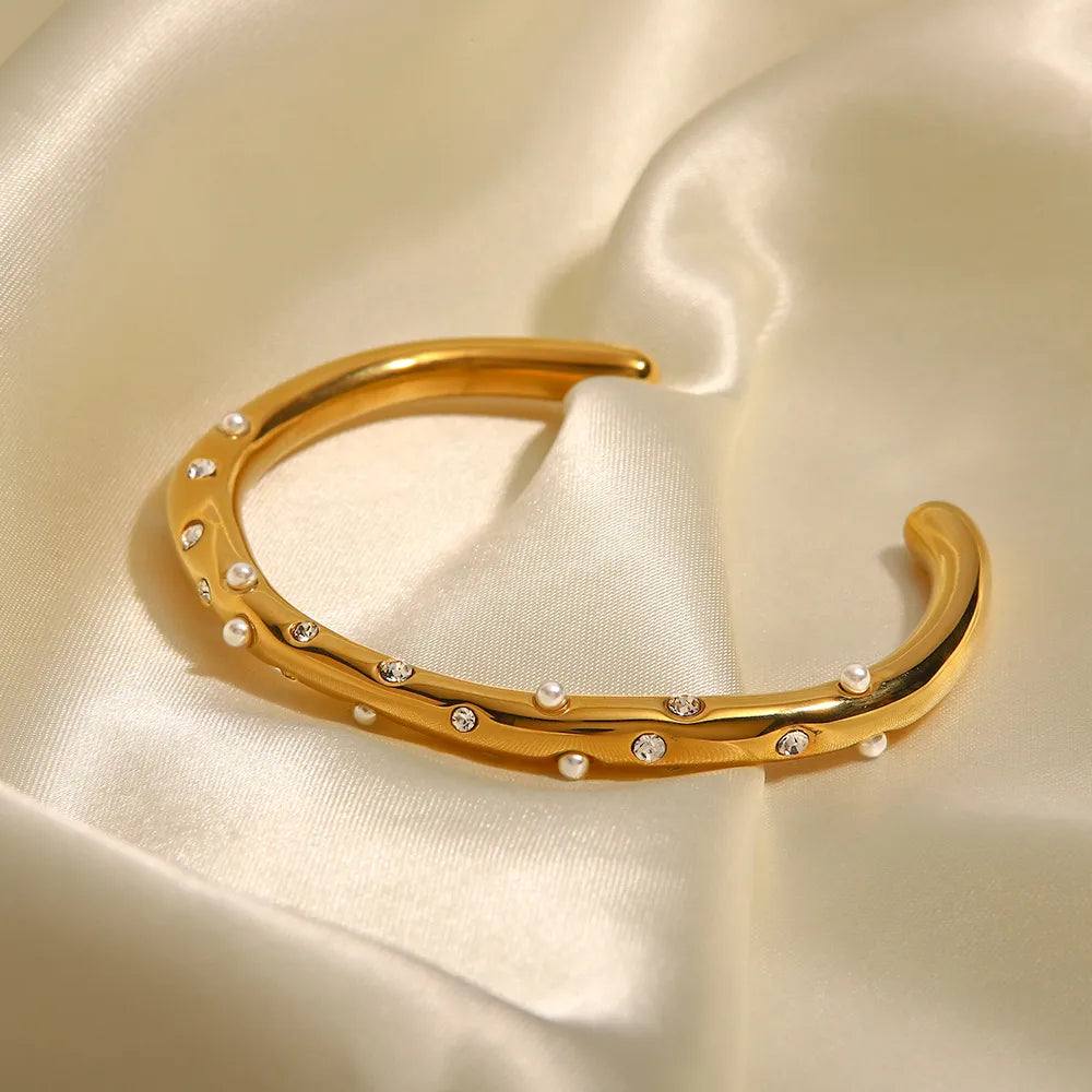 Zirconia & Pearl Wave Cuff Bracelet – Waterproof 18K Gold