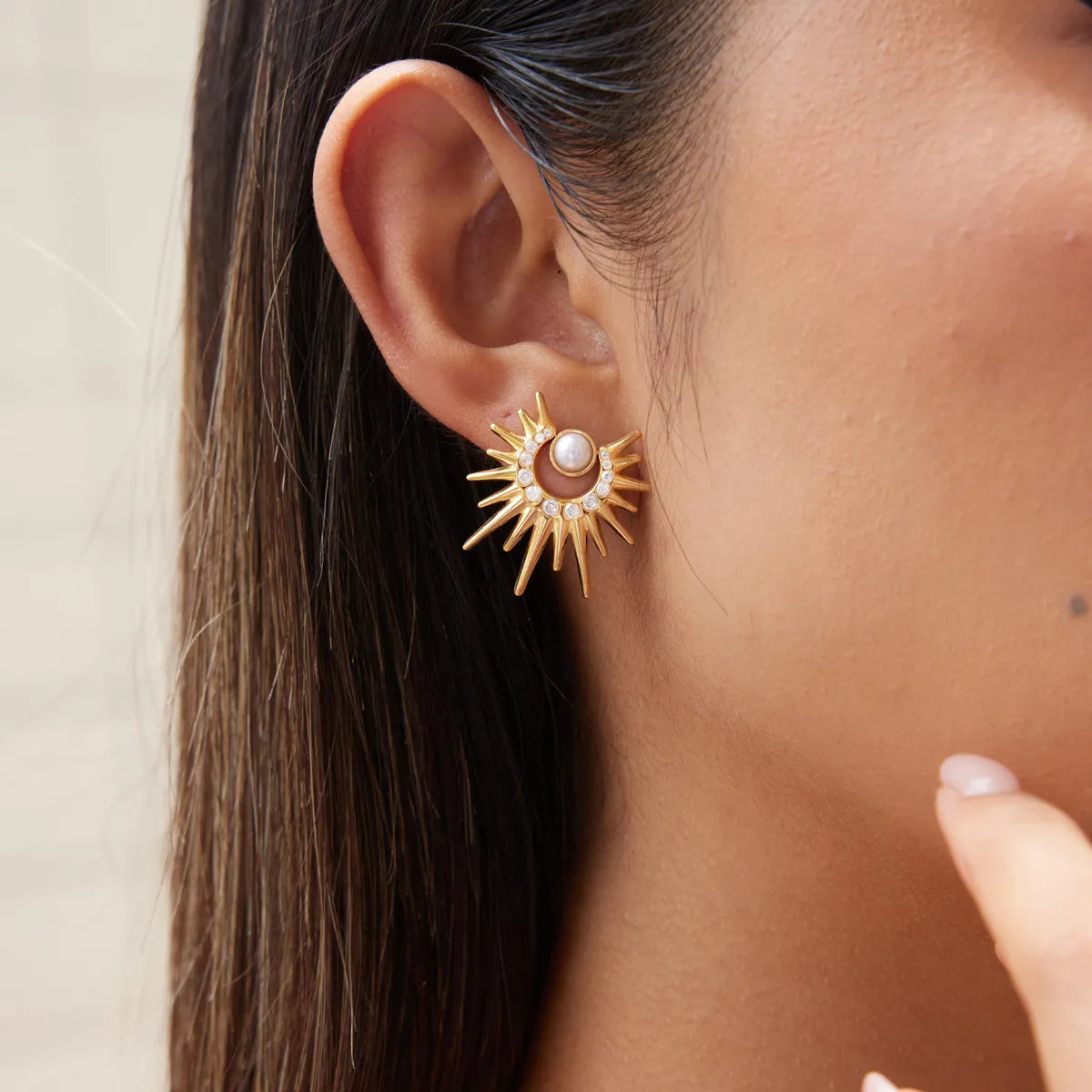 Waterproof Stainless Steel Sunburst Jewelry Set | Gold Pearl & Zirconia Necklace and Earrings