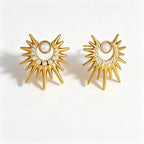 Waterproof Stainless Steel Sunburst Jewelry Set | Gold Pearl & Zirconia Necklace and Earrings