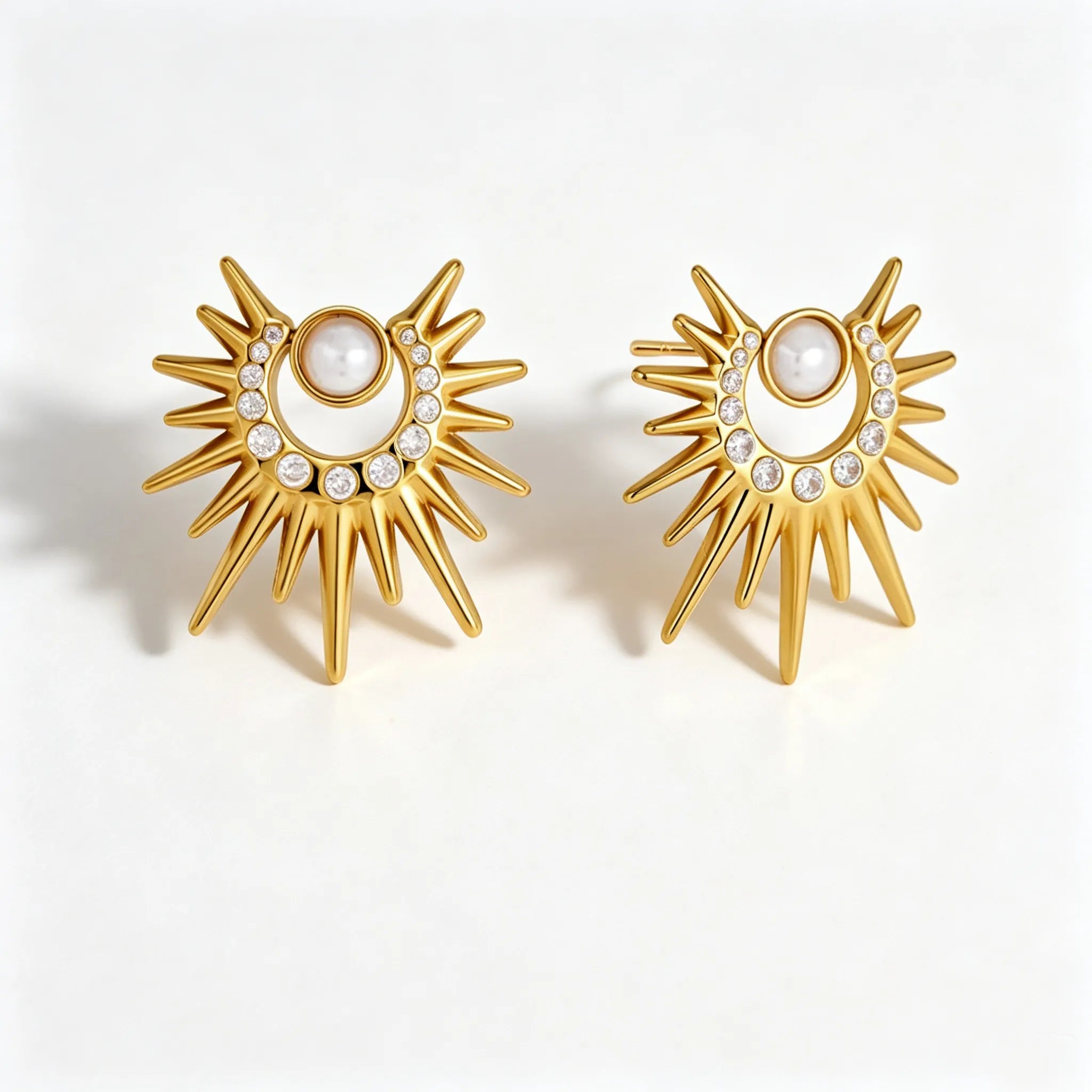 Waterproof Stainless Steel Sunburst Jewelry Set | Gold Pearl & Zirconia Necklace and Earrings